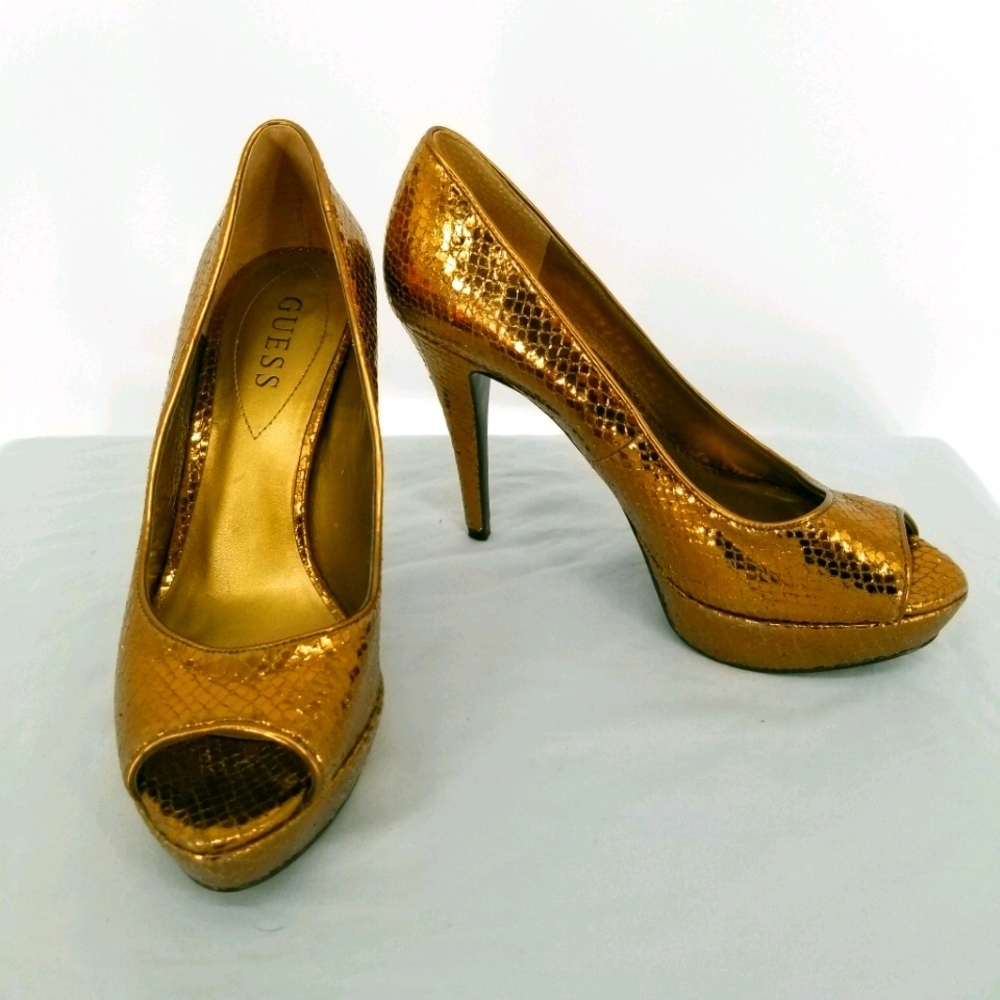 Guess Metallic Gold Faux Snakeskin Platform Peep-toe Stilettos, 7.5